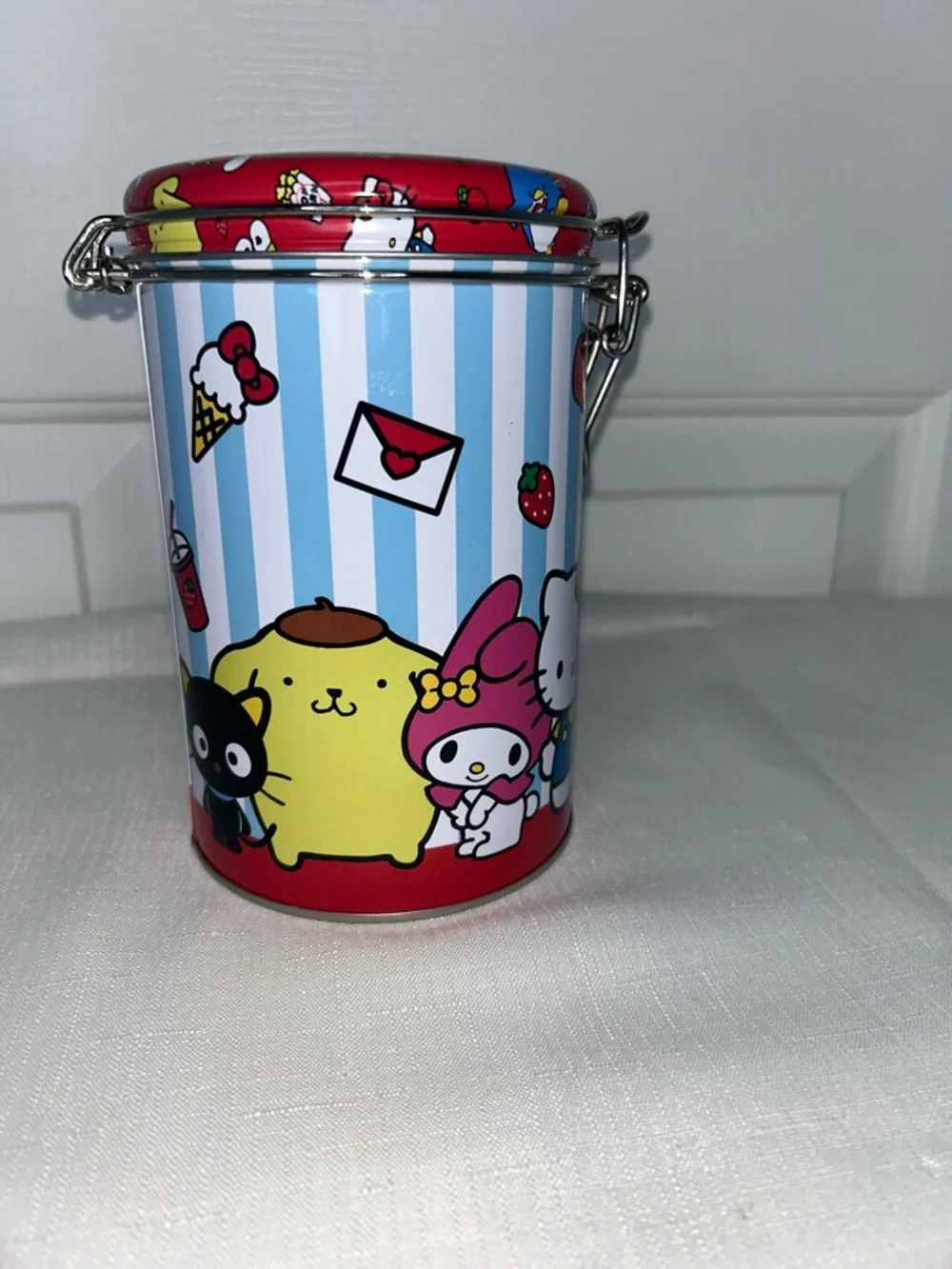 Hello Kitty & Friends Red Blue & White Striped Character Round Storage Tin